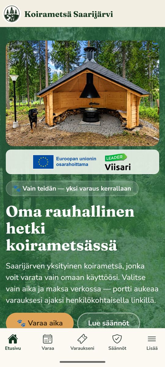 Koirametsä-sovelluksen etusivu puhelimessa